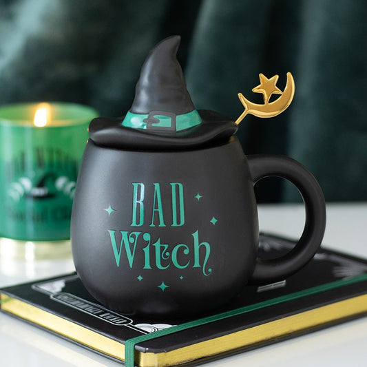 Bad Witch Mug with Hat Lid & Moon Spoon | Witchy Gift for Tea & Coffee Lovers - Crystal Nest