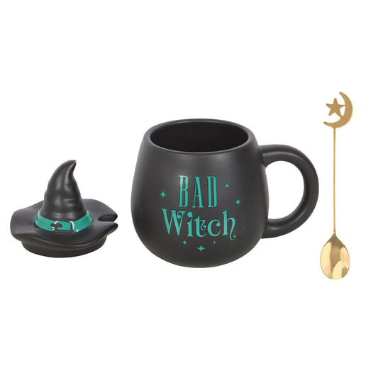 Bad Witch Mug with Hat Lid & Moon Spoon | Witchy Gift for Tea & Coffee Lovers - Crystal Nest