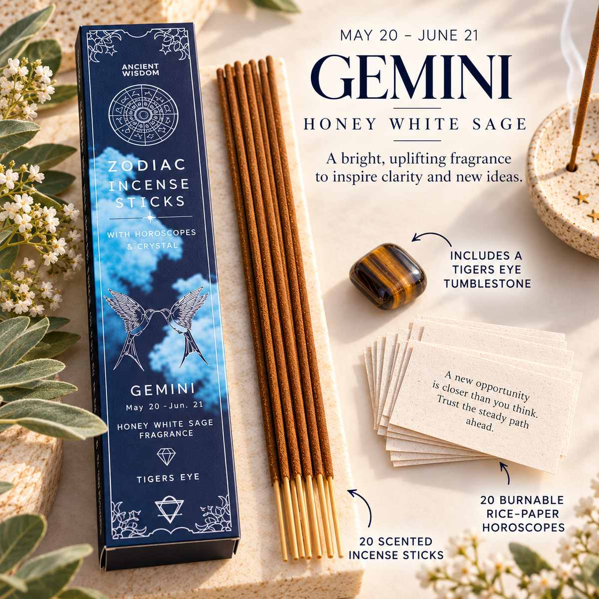 Zodiac Incense Sticks, Crystal & Horoscope Set