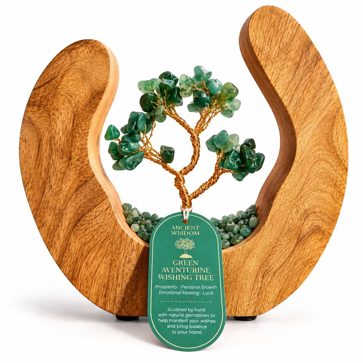 Green Aventurine Wishing Tree in Open Mango Wood | Gemstone Tree Garden - Crystal Nest