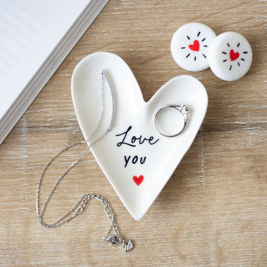 Love You White Ceramic Heart Trinket Dish - Crystal Nest