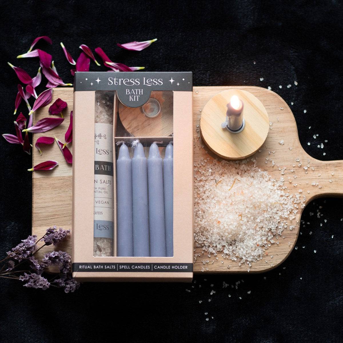 Stress Less Herbal Ritual Bath Salt and Candle Kit - Crystal Nest