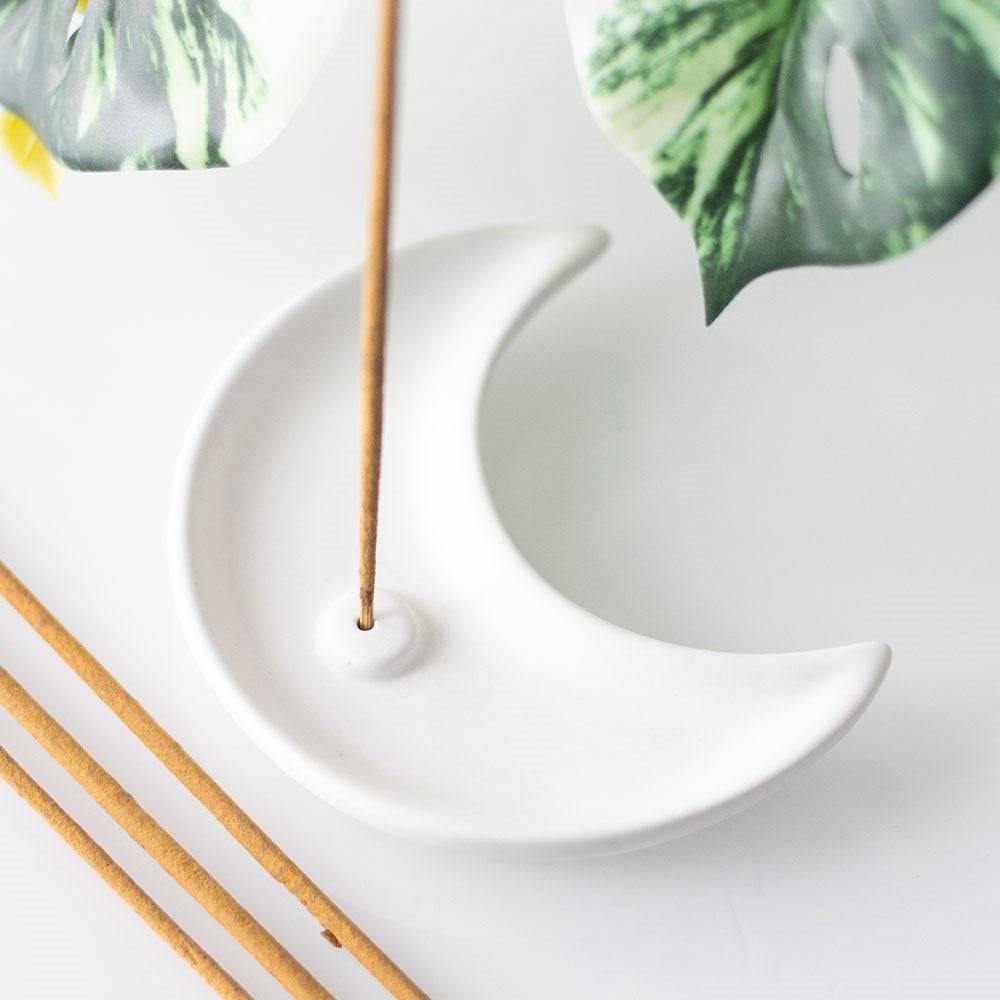 White Crescent Moon Ceramic Incense Stick Holder - Crystal Nest