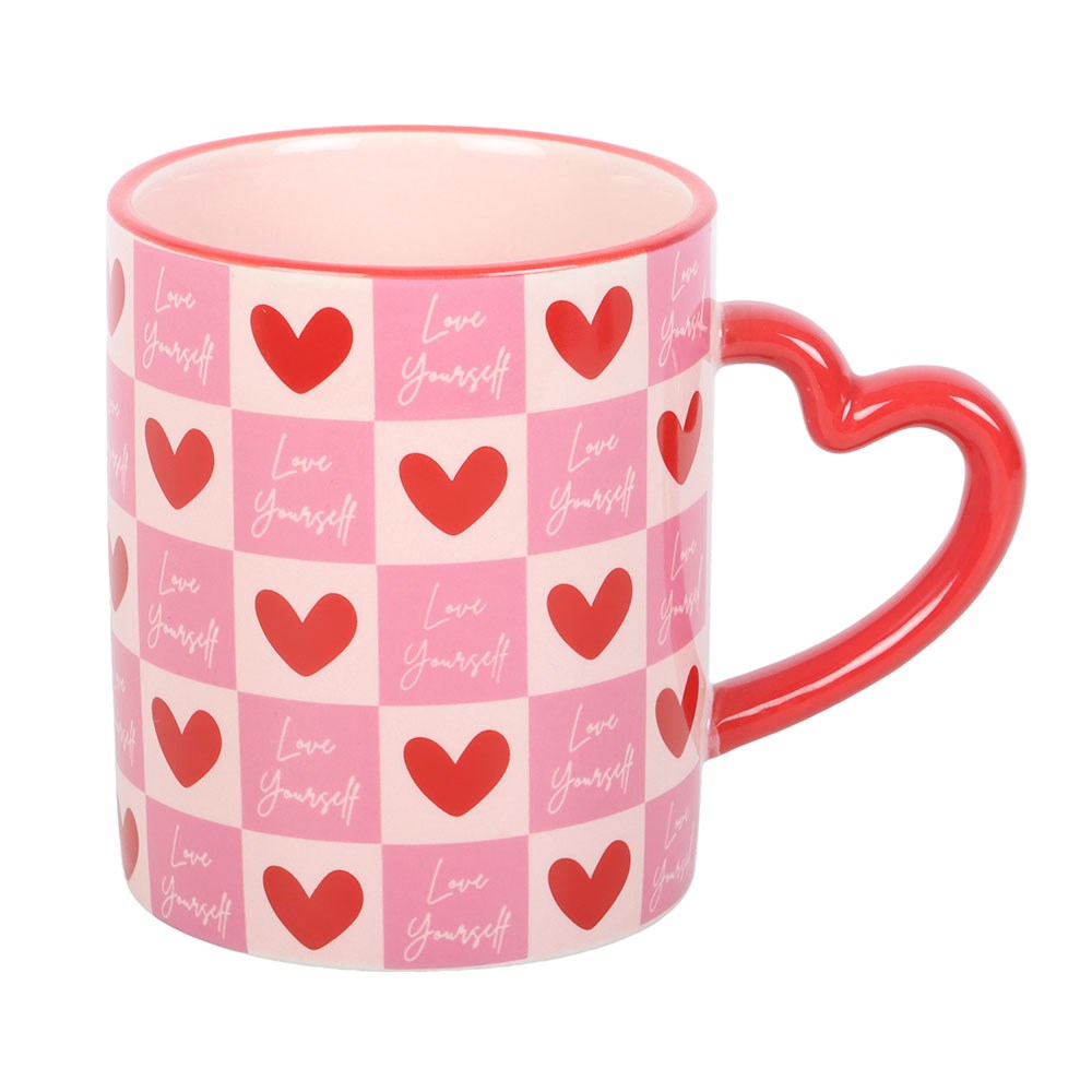 Love Yourself Checkered Mug with Heart Handle - Crystal Nest