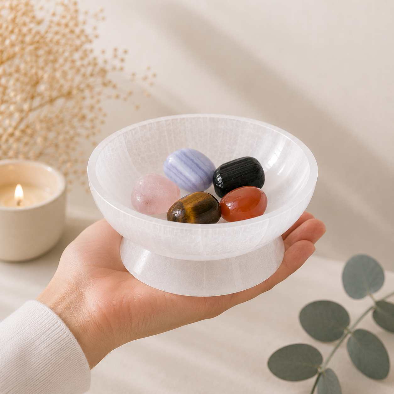 Large Round Selenite Ritual Bowl with Base