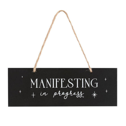 Manifesting in Progress Black Hanging Sign - Crystal Nest