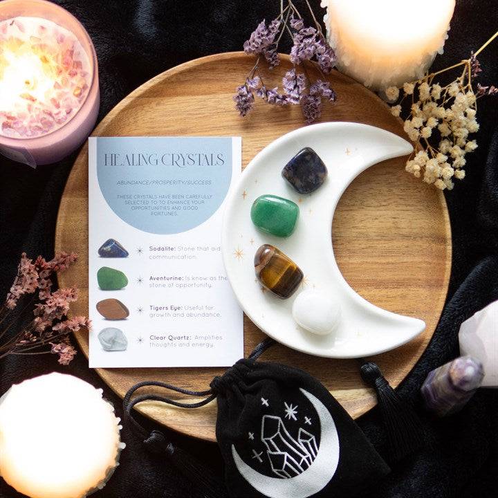 Success Healing Crystal Set with Moon Trinket Dish - Crystal Nest