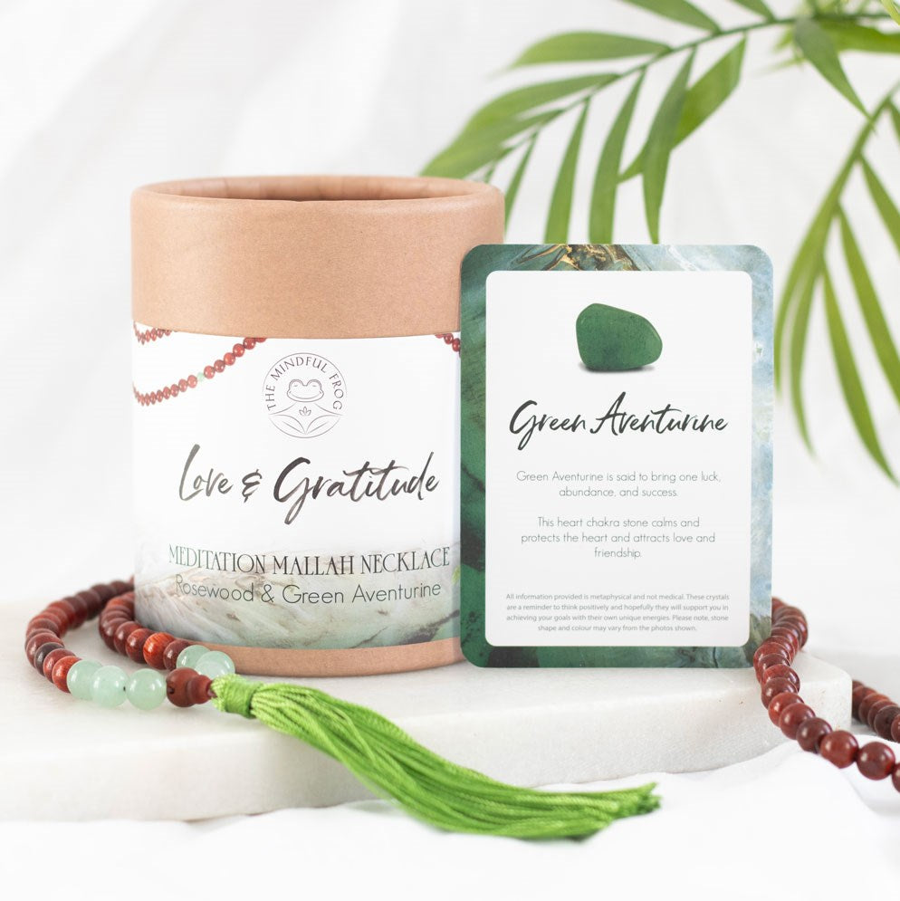 Love and Gratitude Rosewood & Green Aventurine Mala Necklace - Crystal Nest