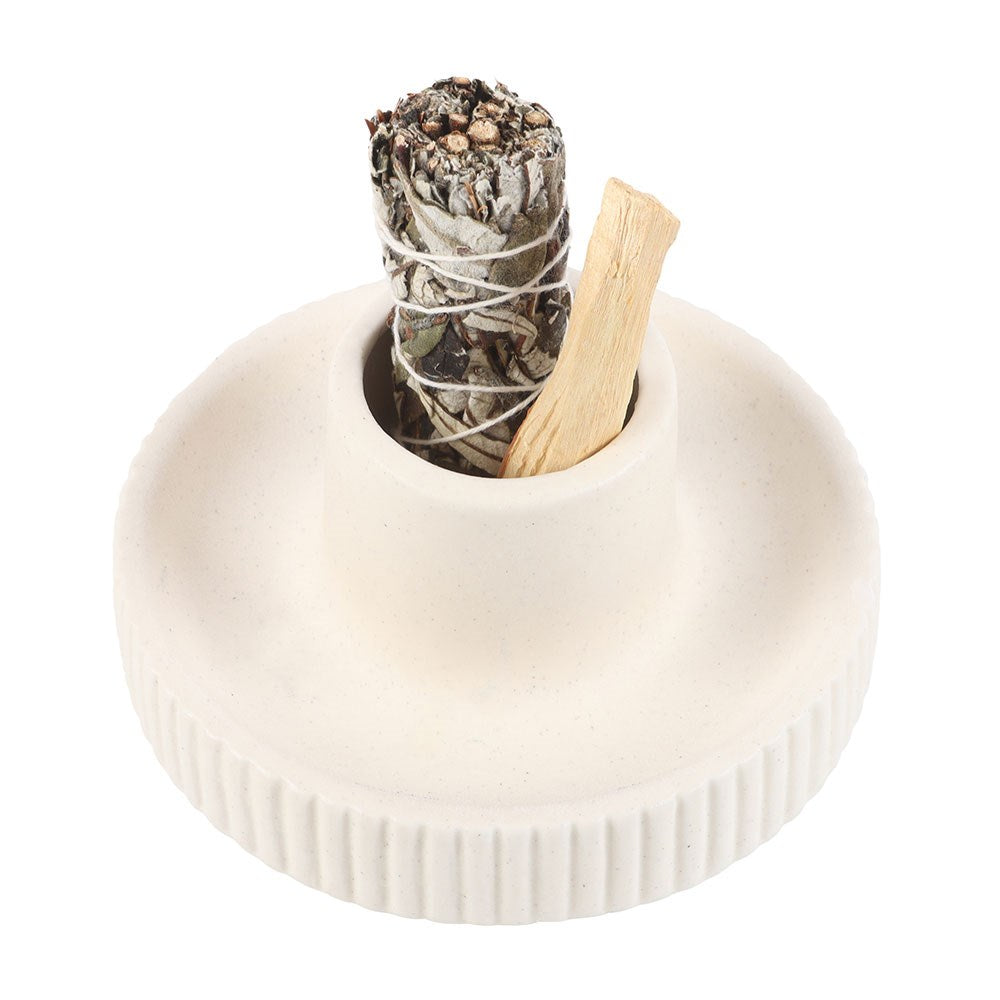 Cream Ribbed Ceramic Smudge Bowl - Crystal Nest