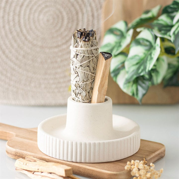 Cream Ribbed Ceramic Smudge Bowl - Crystal Nest