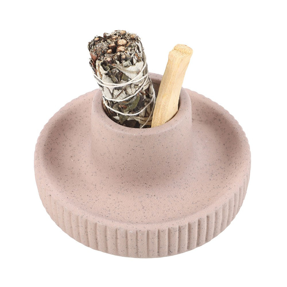 Beige Ribbed Ceramic Smudge Bowl - Crystal Nest