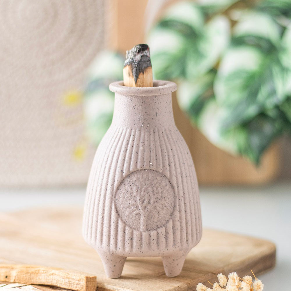 Beige Ribbed Ceramic Palo Santo & Smudge Stick Burner - Crystal Nest