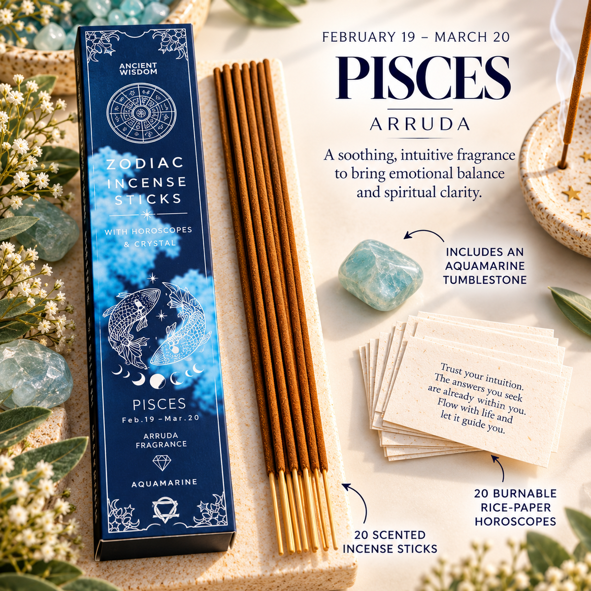 Zodiac Incense Sticks, Crystal & Horoscope Set