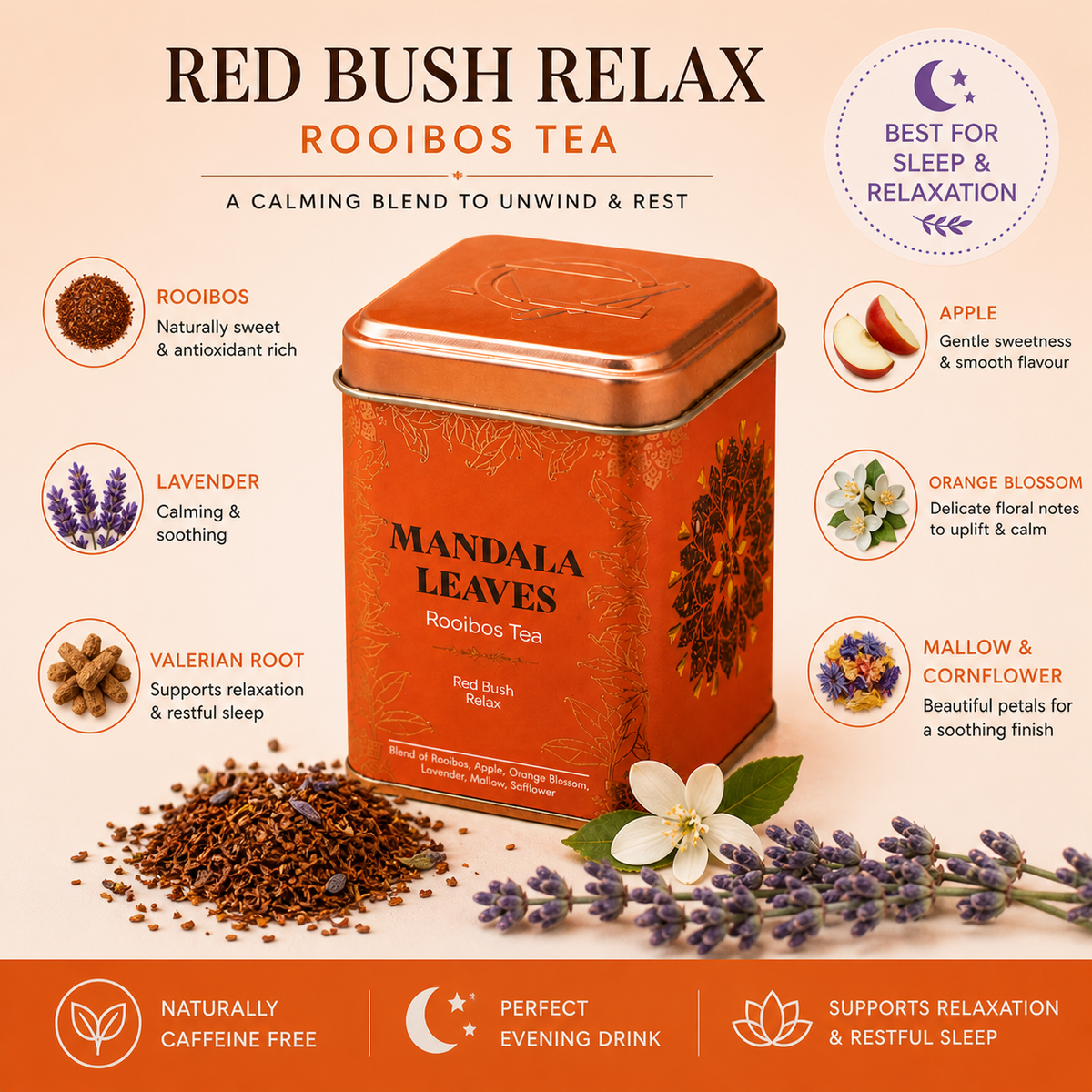 Red Bush Relax Rooibos Tea | Caffeine-Free Sleep & Relaxation Blend (50g Tin) - Crystal Nest