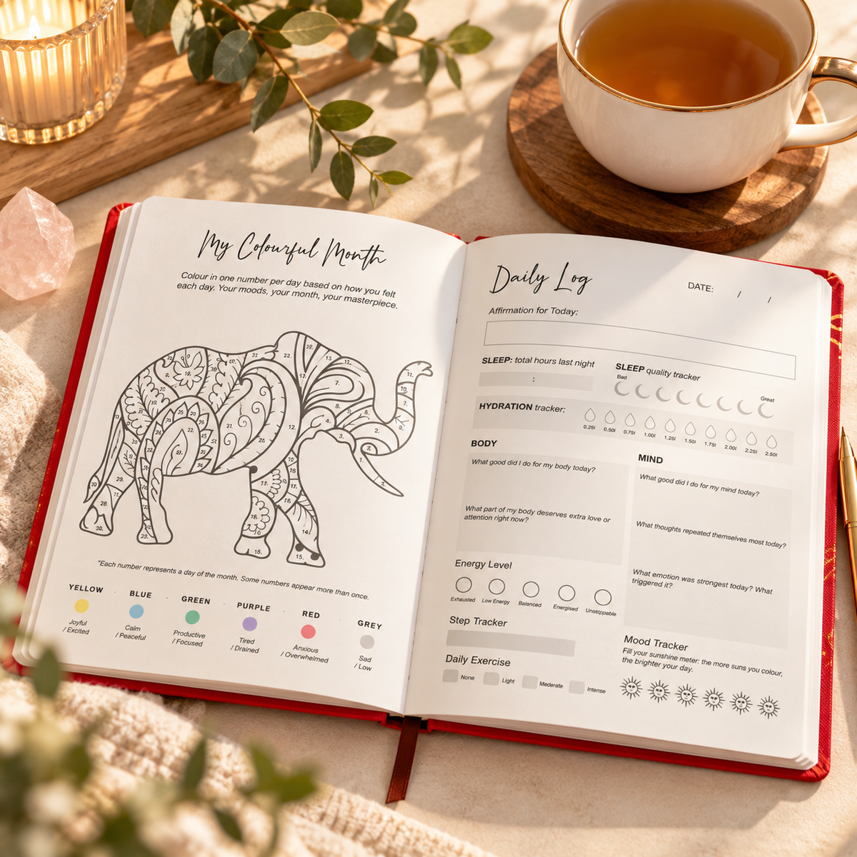 Guided Wellbeing Journal | Red Mandala Edition | Daily Self-Care & Holistic Habit Tracker - Crystal Nest