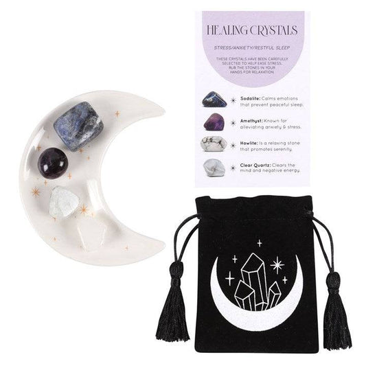 Stress Healing Crystal Set with Moon Trinket Dish - Crystal Nest