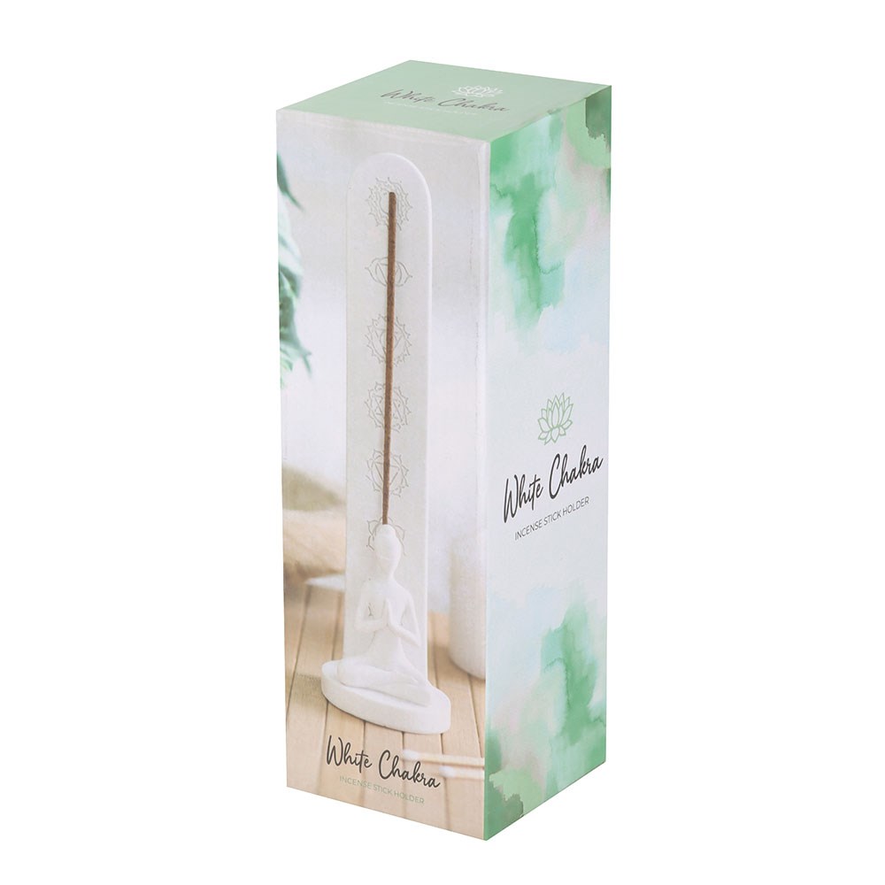 White Chakra Incense Holder with Lotus Pose Figure - Crystal Nest