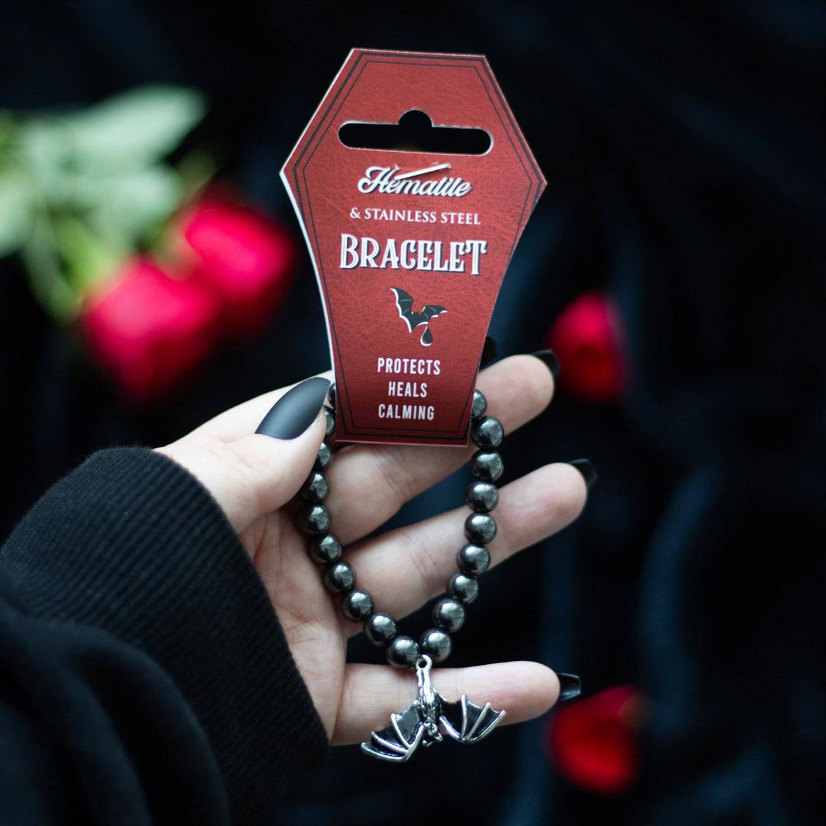 Hematite Beaded Bat Charm Bracelet - Crystal Nest