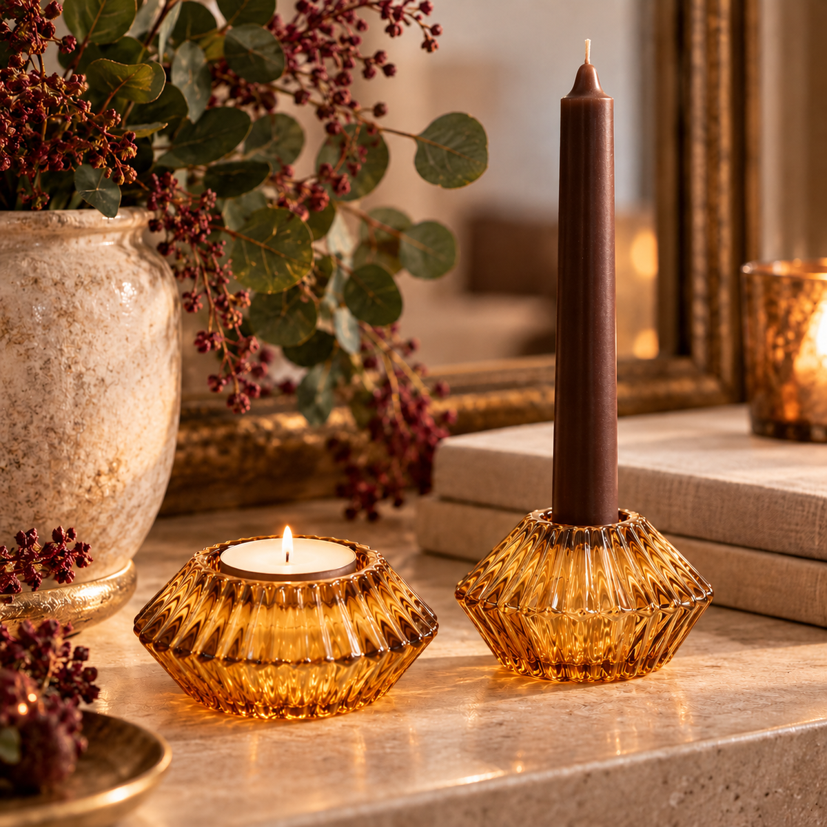 Vintage Amber Glass Reversible Candle Holder | Taper & Tealight