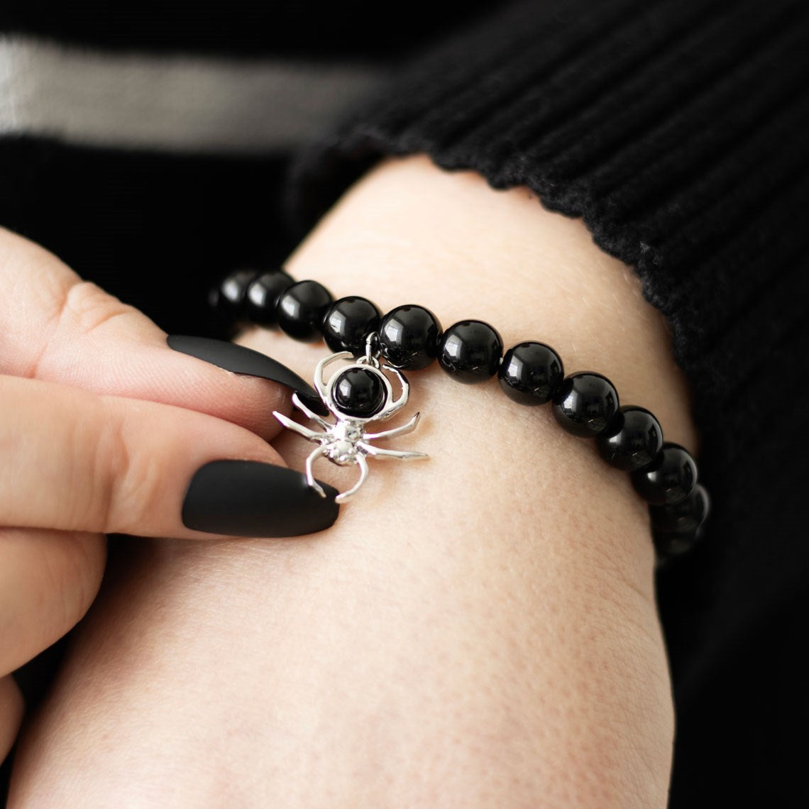 Black Obsidian Beaded Spider Bracelet - Crystal Nest