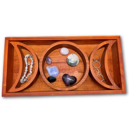 Wooden Triple Moon Altar Tray | Crystal, Candle & Tarot Card Display - Crystal Nest