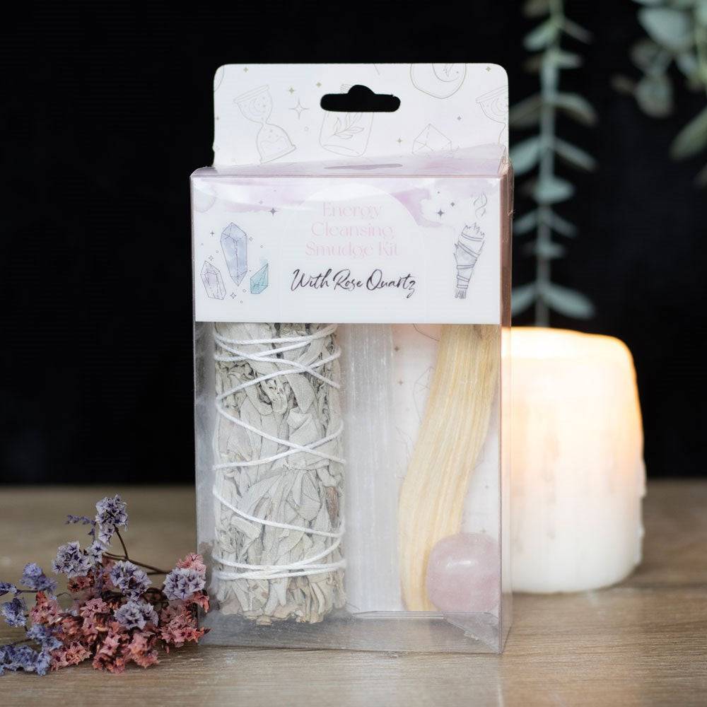 Smudge Kit with Rose Quartz Crystal - Attract Love & Cleanse Your Space - Crystal Nest