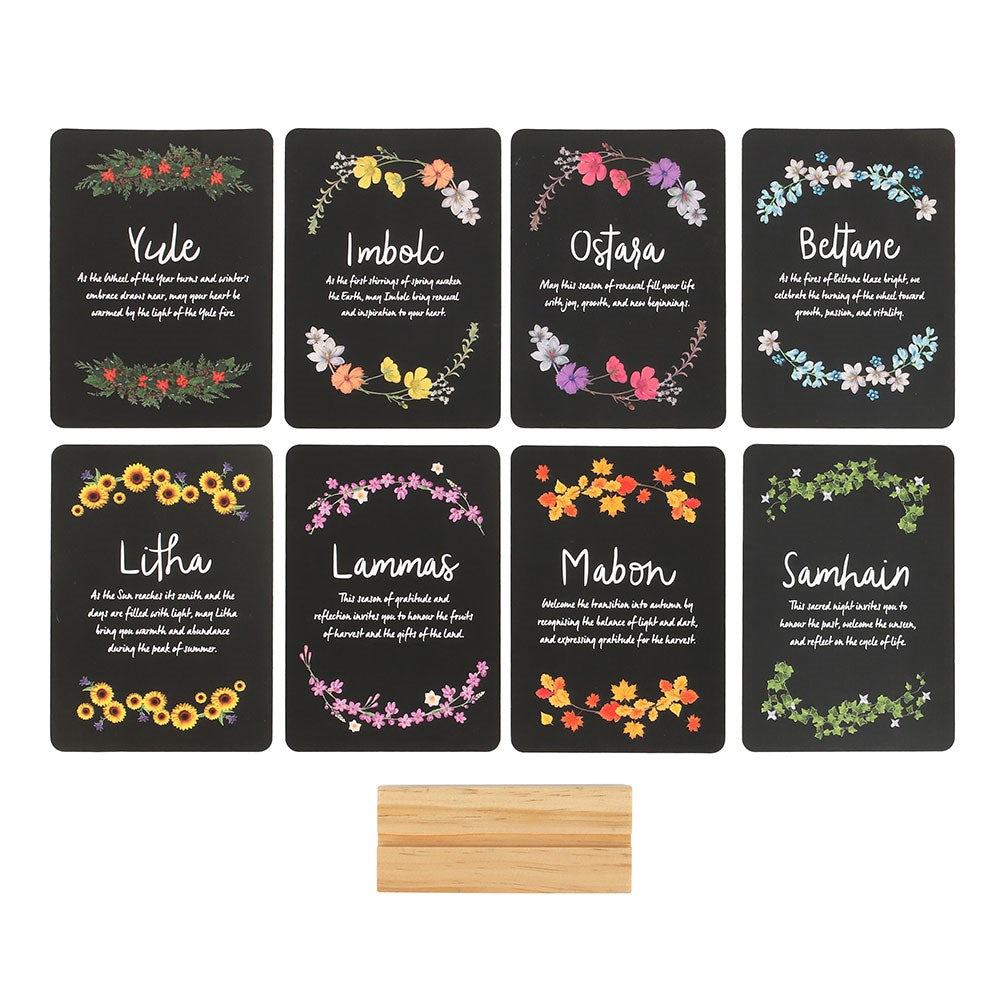 Wheel of the Year Altar Card Set | Sabbat Cards with Wooden Stand - Crystal Nest