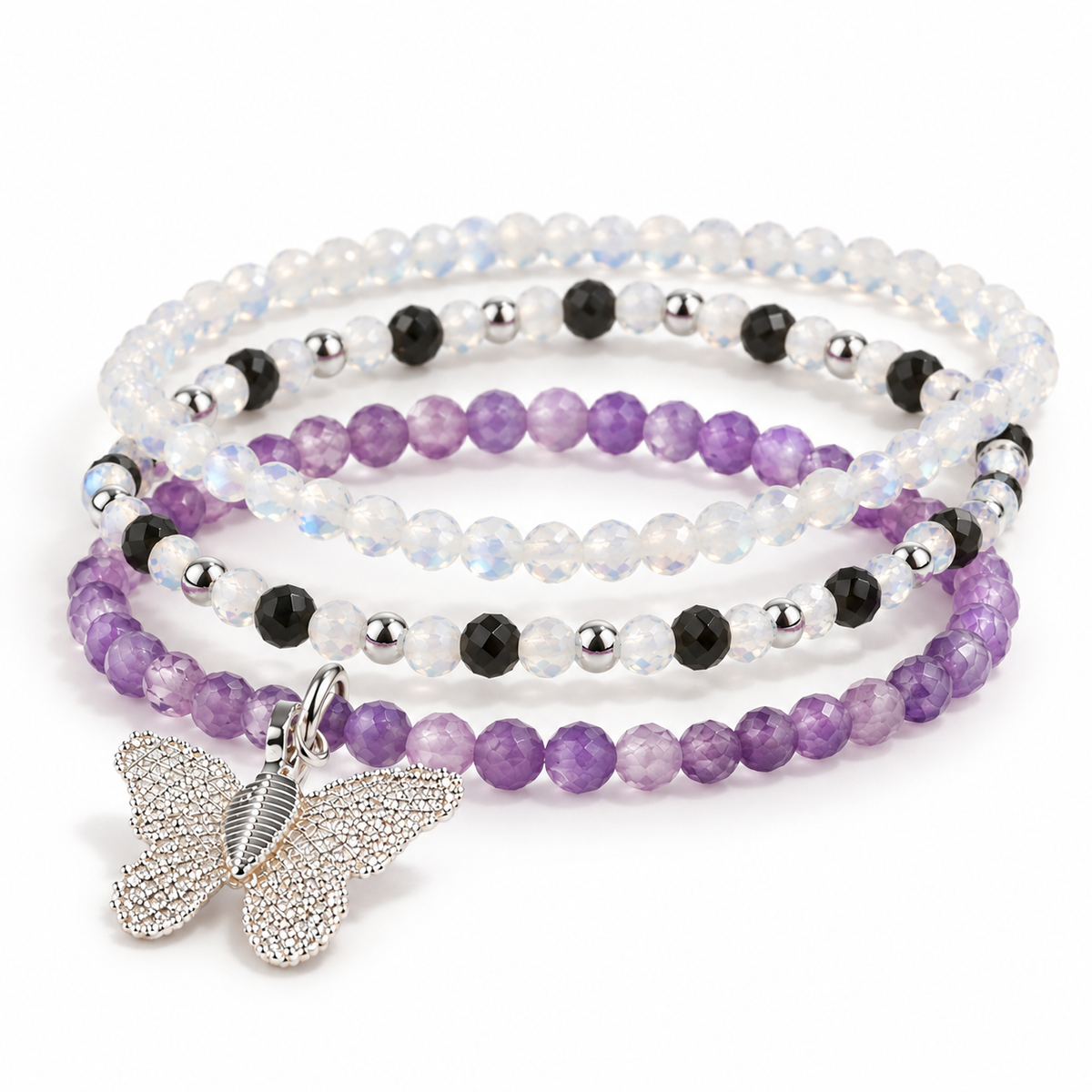Amethyst Crystal Bracelet Set with Moonstone & Black Obsidian