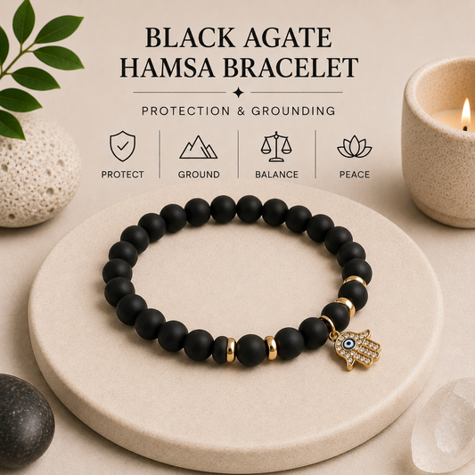 Black Agate Hamsa Bracelet | Protection & Balance