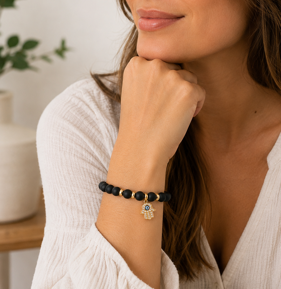 Black Agate Hamsa Bracelet | Protection & Balance