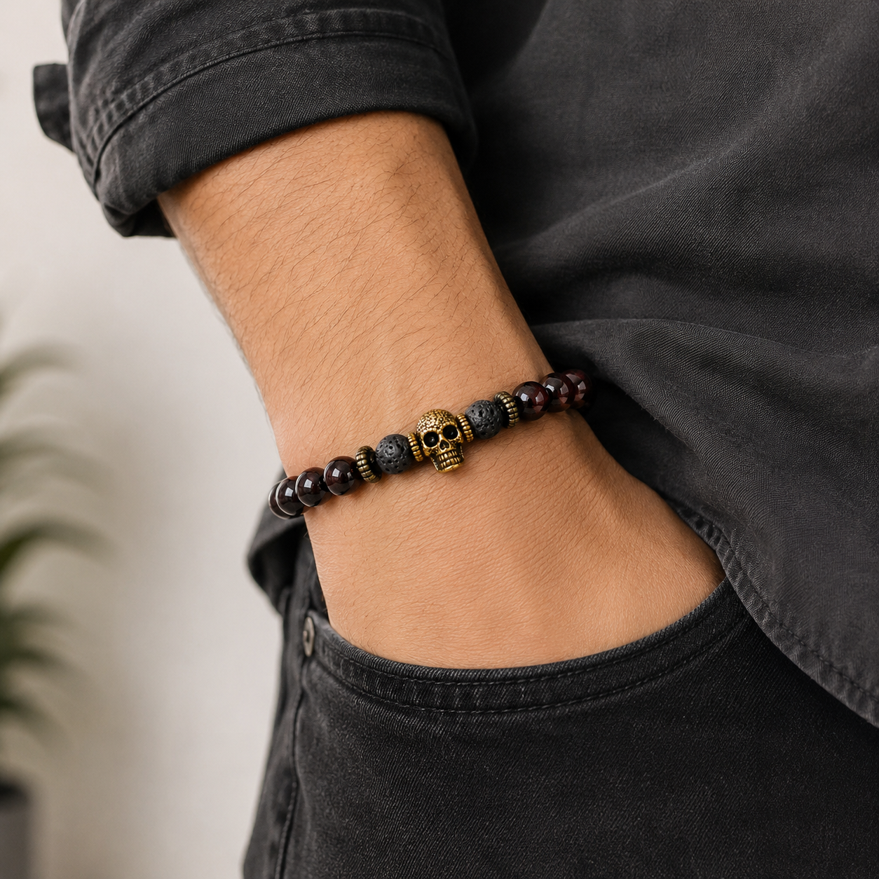 Bronze Skull & Bloodstone Bracelet | Strength & Protection