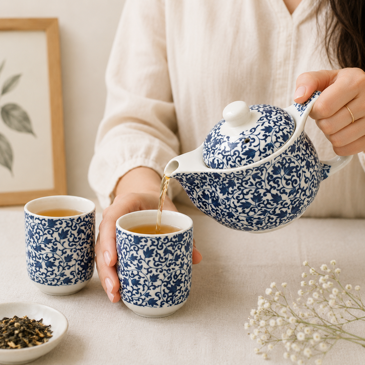 Blue Floral Ceramic Tea Set with Infuser & Cups