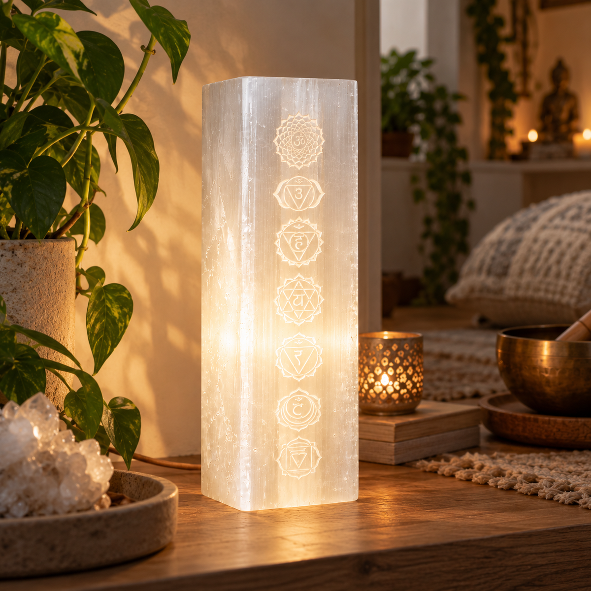 7 Chakra Selenite Lamp | 25cm - Crystal Nest