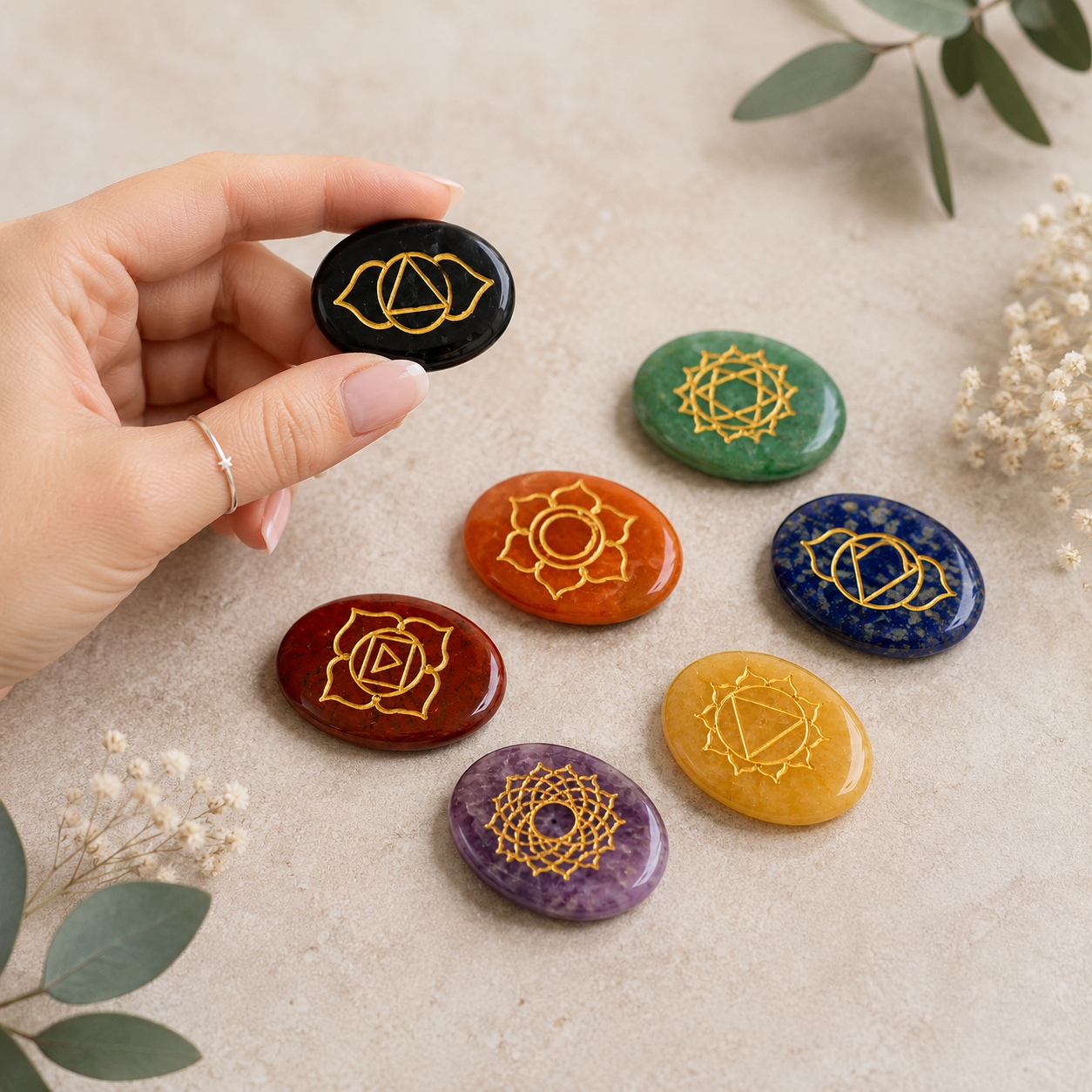 7 Chakra Oval Crystal Stone Set | Polished Engraved Healing Crystals