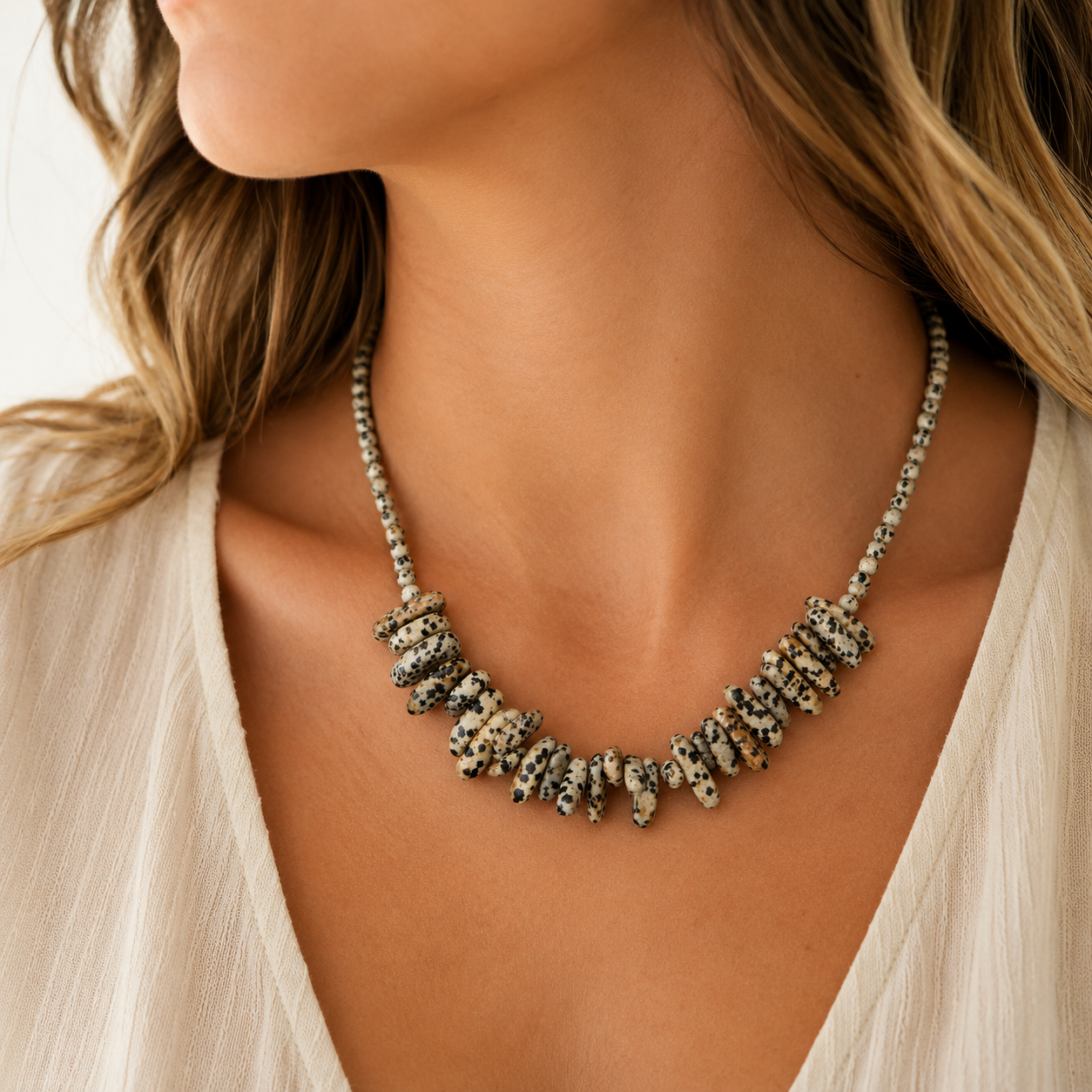 Dalmatian Jasper Longstone Crystal Necklace