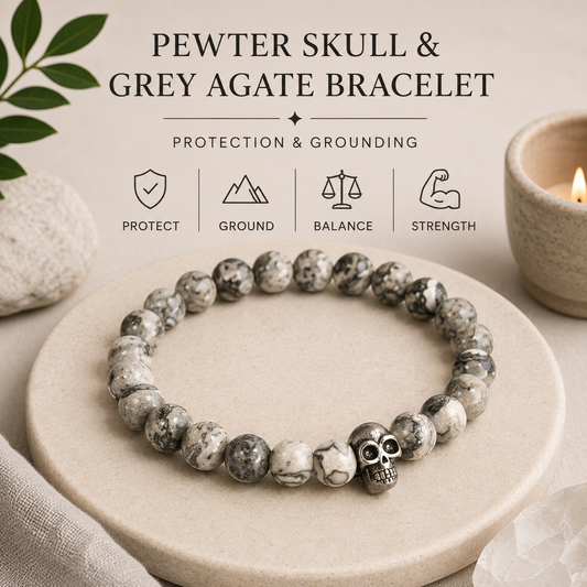 Pewter Skull & Grey Agate Bracelet | Protection & Grounding