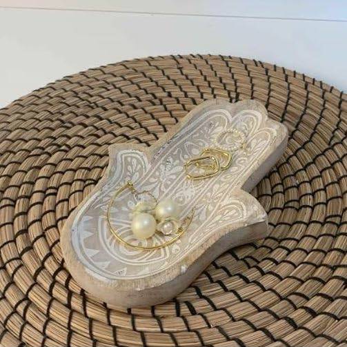 Hamsa Hand Whitewashed Wooden Tray - Crystal Nest