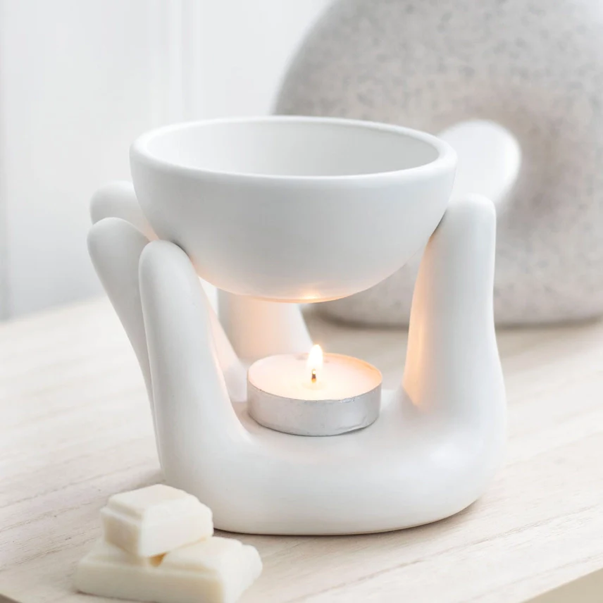 White Ceramic Hand Oil Burner - Crystal Nest