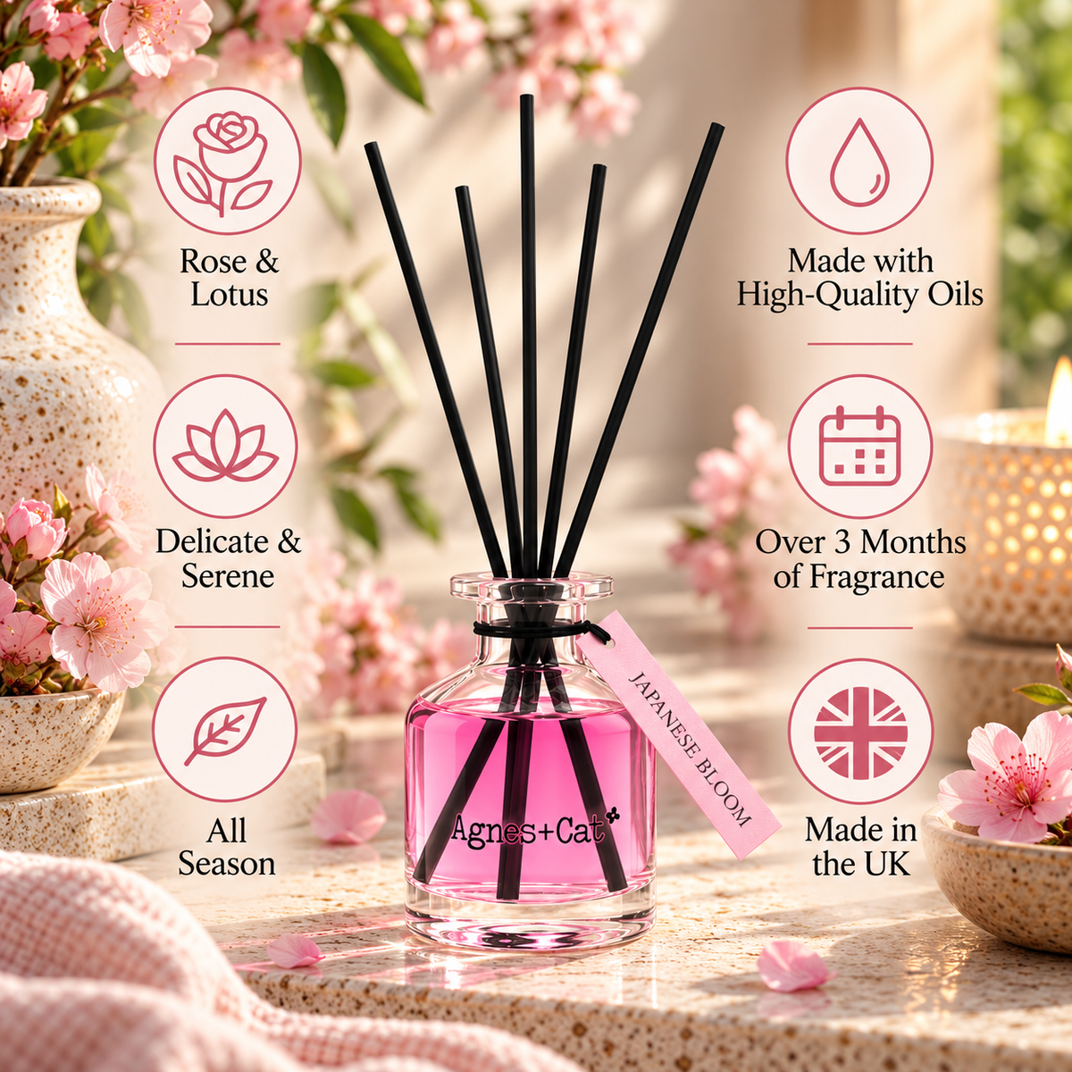 Japanese Bloom Reed Diffuser 140ml | Agnes & Cat - Crystal Nest