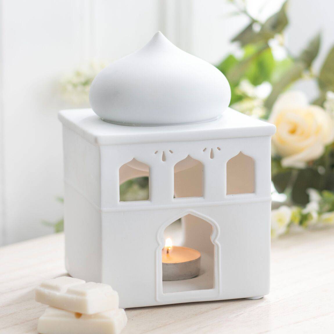 White Ceramic Mosque Oil Burner - Crystal Nest