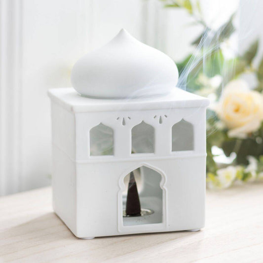 White Ceramic Mosque Oil Burner - Crystal Nest