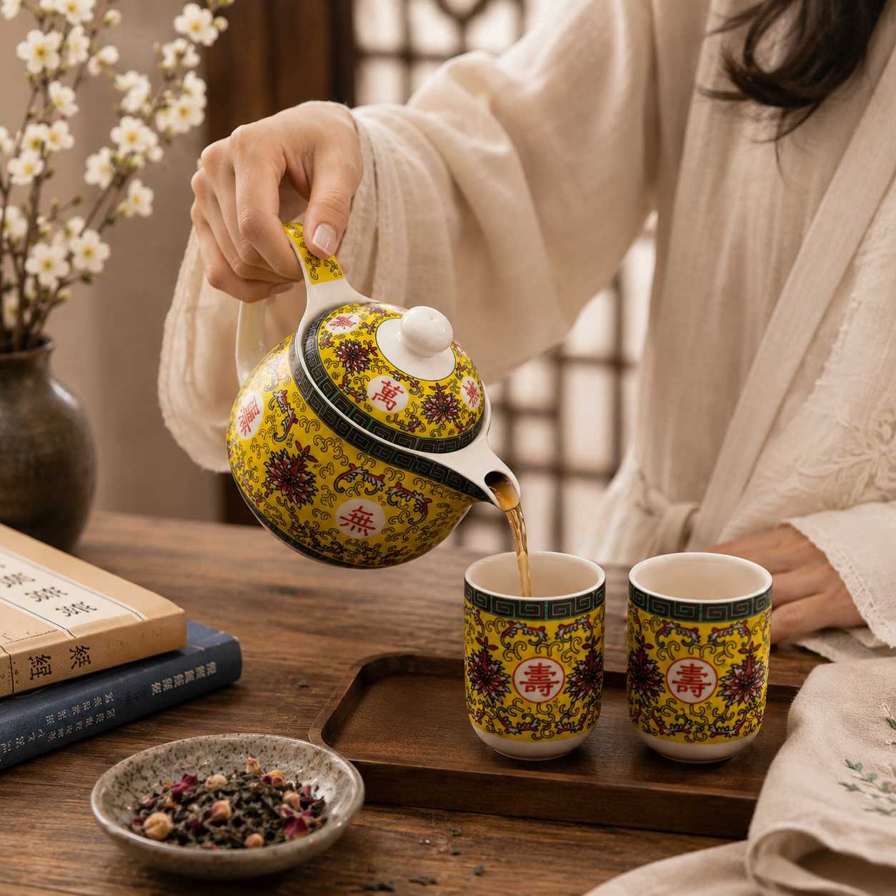 Oriental Ceramic Herbal Tea Set with Infuser & Cups