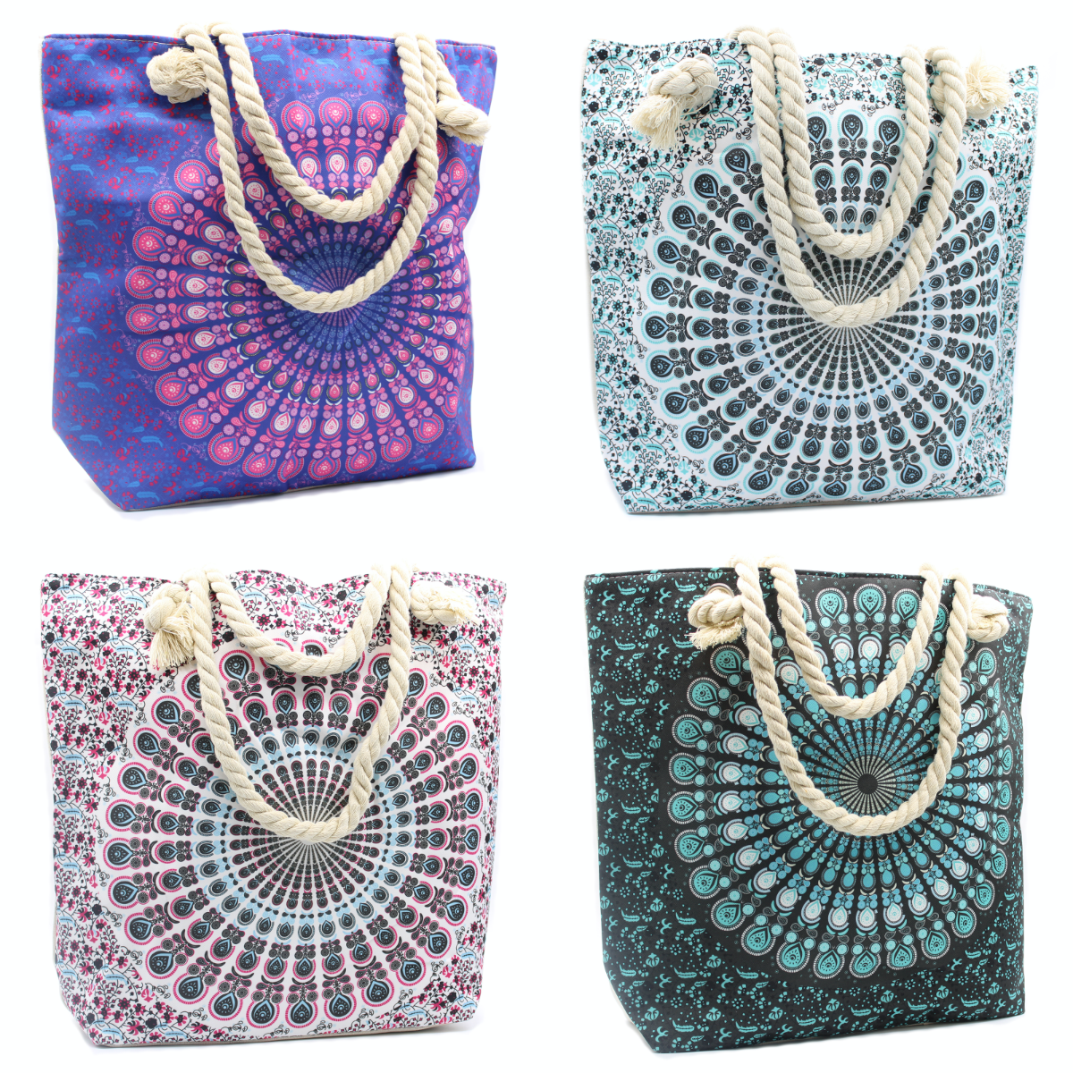 Boho Mandala Rope Handle Tote Bag | Beach, Travel & Shopping Bag - Crystal Nest