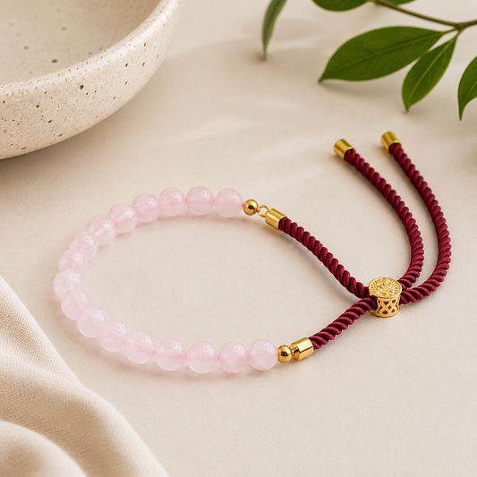 Rose Quartz Gemstone String Bracelet | Bordeaux Cord & 18K Gold Plated