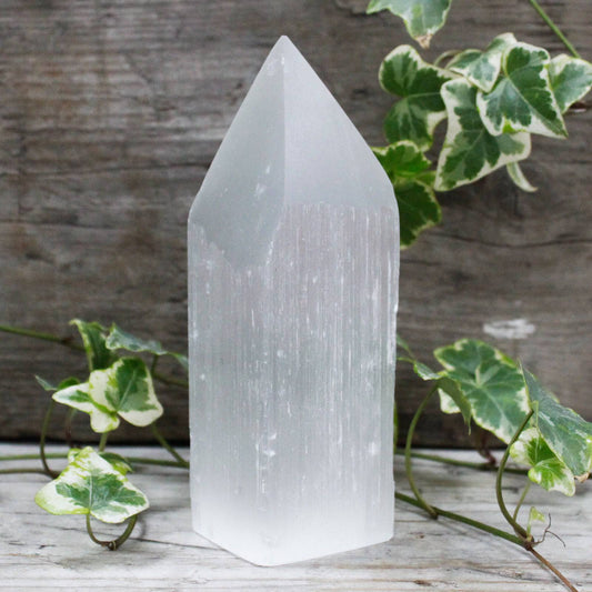 Selenite Pencil Point Tower 15cm - Crystal Nest