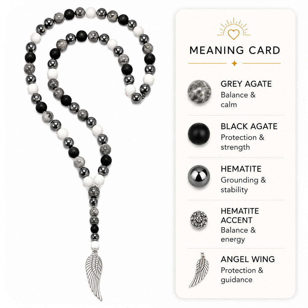 Silver Angel Wing & Grey Agate Necklace | Protection & Balance