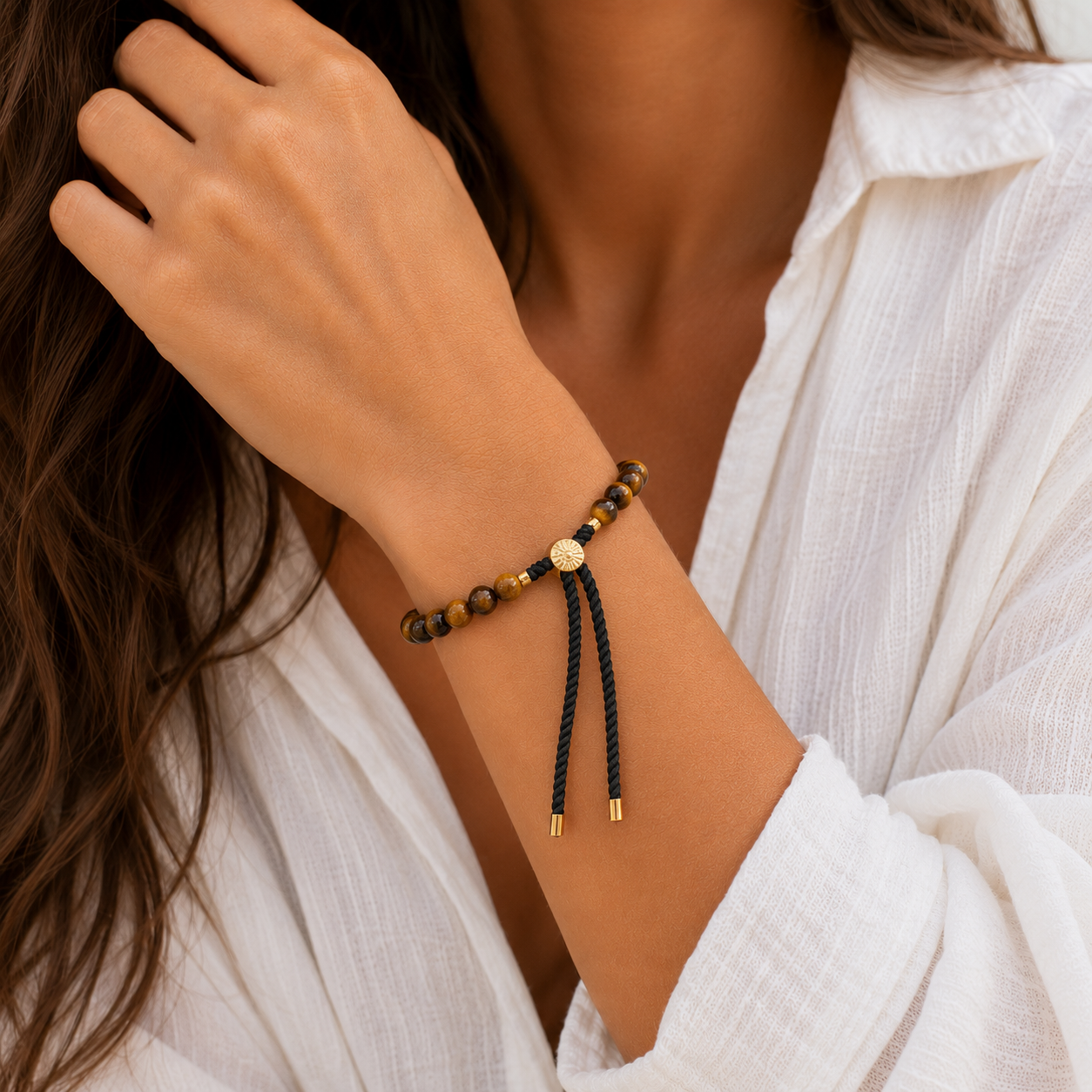 Tiger Eye Gemstone String Bracelet | Black Cord & 18K Gold Plated