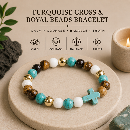Turquoise Cross & Royal Bead Bracelet | Calmness & Courage