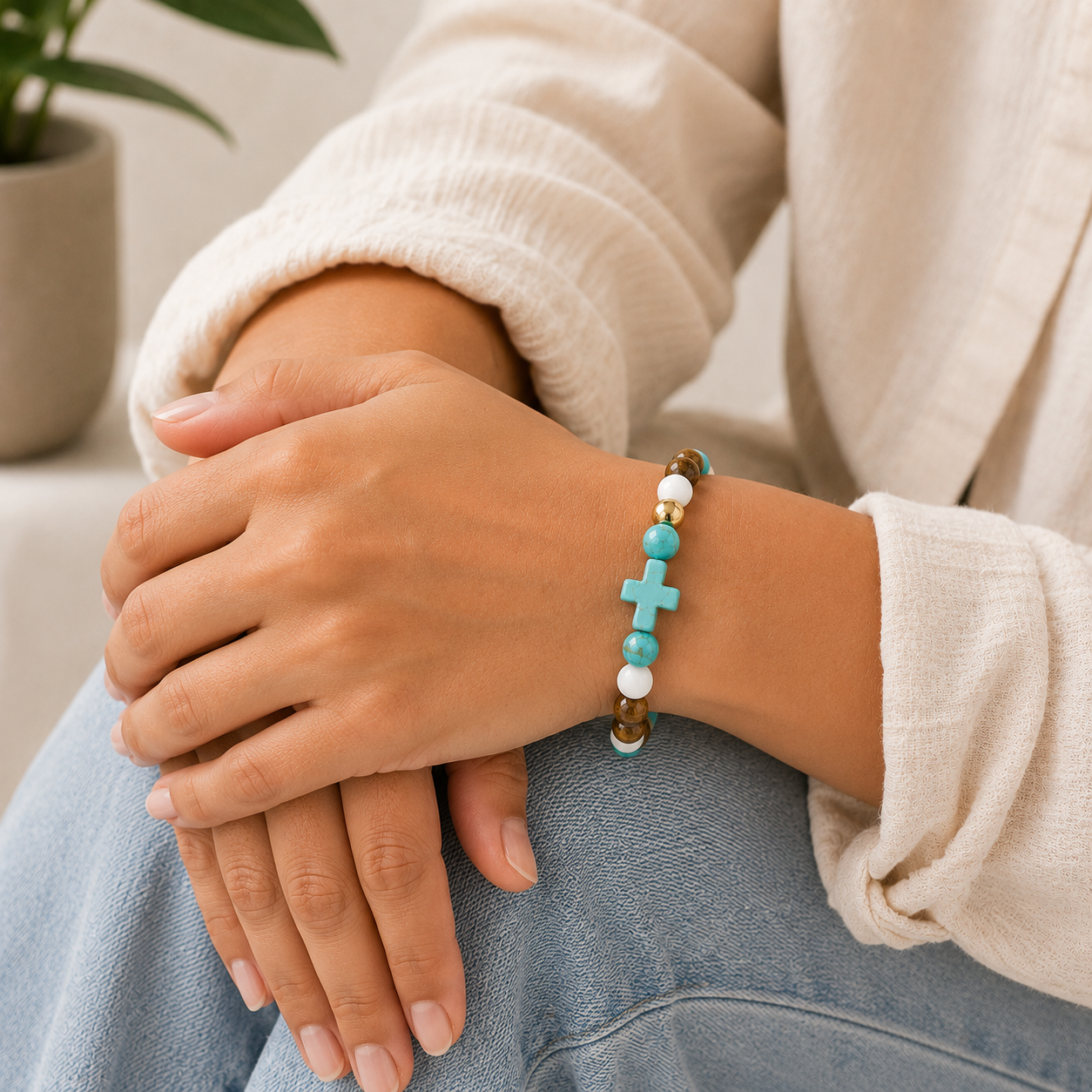 Turquoise Cross & Royal Bead Bracelet | Calmness & Courage