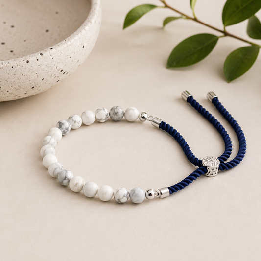 White Howlite Gemstone String Bracelet | Navy Cord & 925 Silver Plated